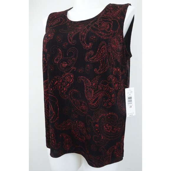TanJay Women's PLUS 2X Red Black Shimmer Sleeveless Blouse Holiday Christmas NWT - Picture 2 of 9